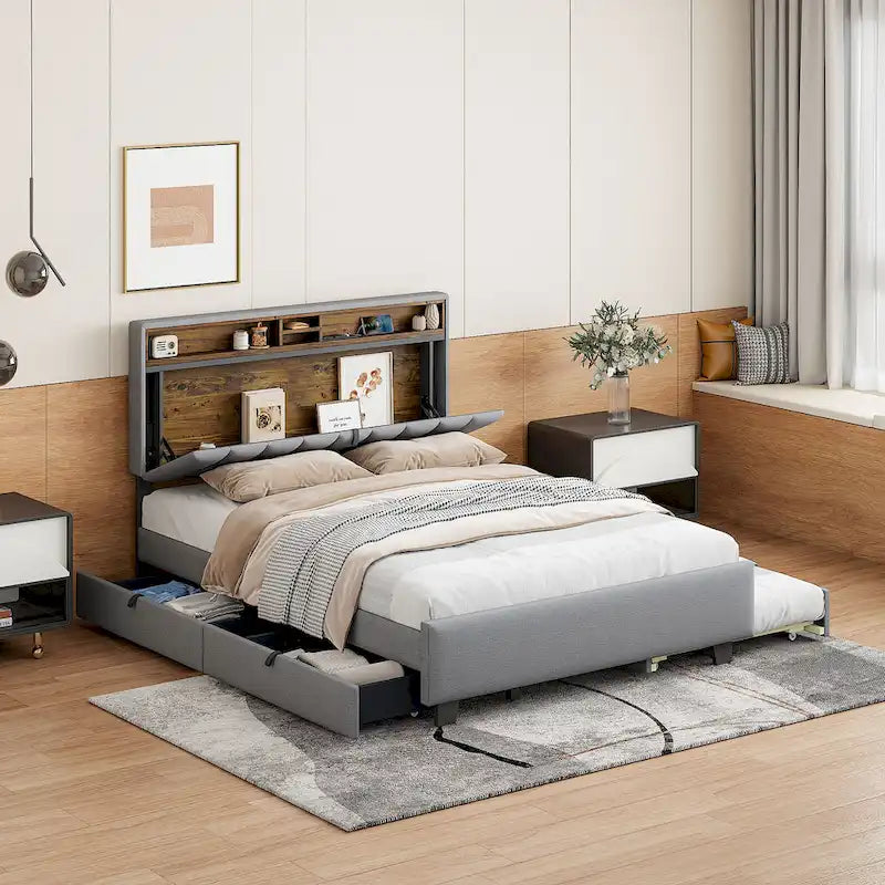 Linen Upholstered Platform Bed with Openable Storage Backrest, Wood Low Profile Bed with Trundle, 2 Drawers, Sockets, USB Ports