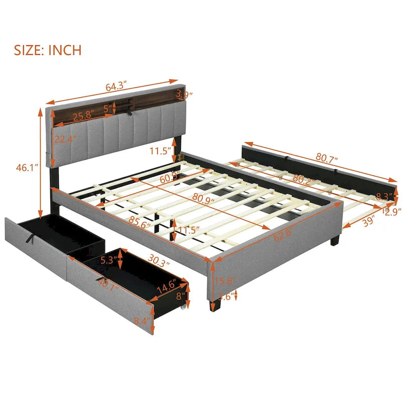 Linen Upholstered Platform Bed with Openable Storage Backrest, Wood Low Profile Bed with Trundle, 2 Drawers, Sockets, USB Ports
