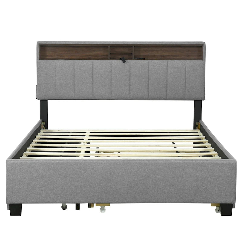 Linen Upholstered Platform Bed with Openable Storage Backrest, Wood Low Profile Bed with Trundle, 2 Drawers, Sockets, USB Ports