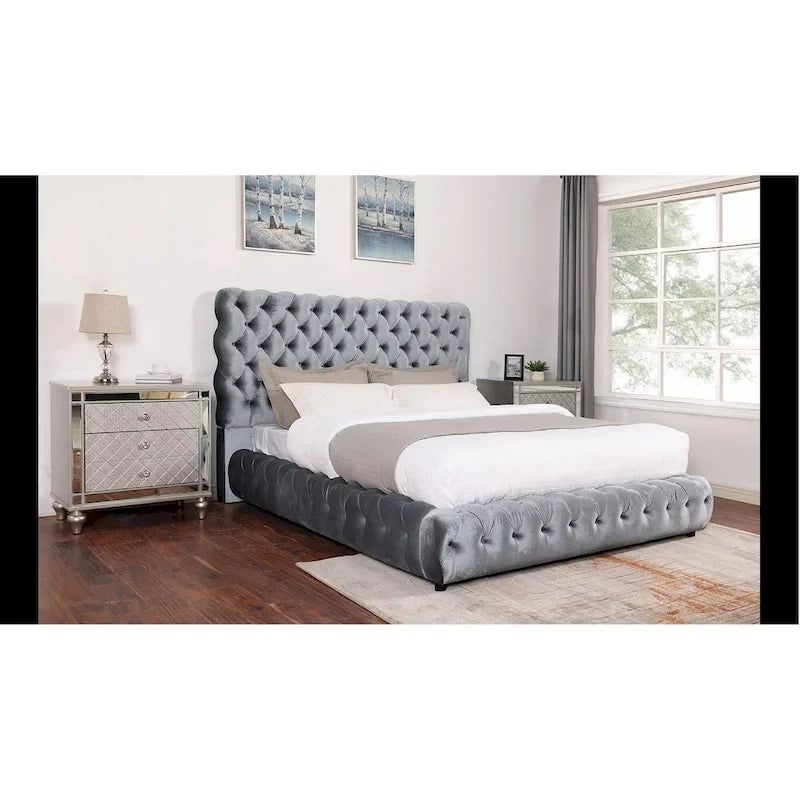 1pc Contemporary Upholstered King Bed Tufted Headboard and Footboard Bedroom Furniture Gray