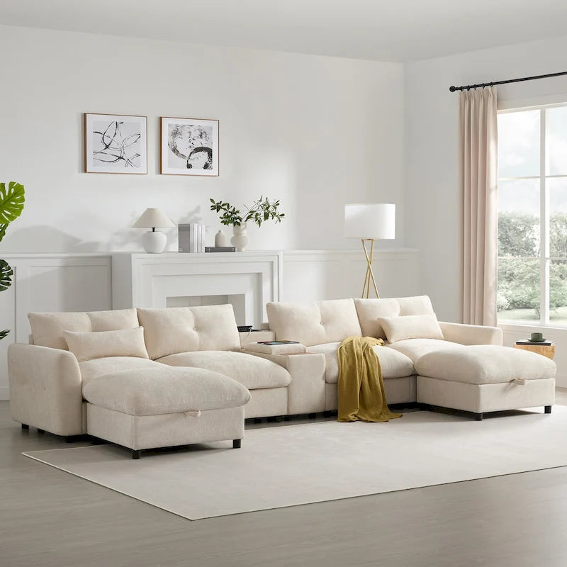 142  Modular U Shaped Sectional Sofa with Storage Ottomans and Console