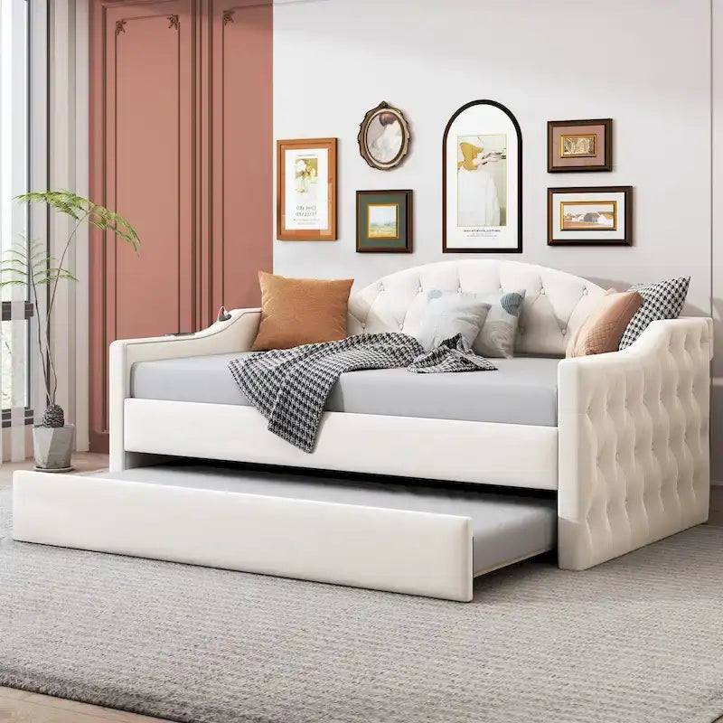 Beige Velvet Tufted Daybed with Trundle - Twin Size