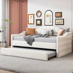 Beige Velvet Tufted Daybed with Trundle - Twin Size