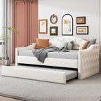 Beige Twin Size Tufted Velvet Upholstered Daybed with Trundle and Type-C Charging Ports