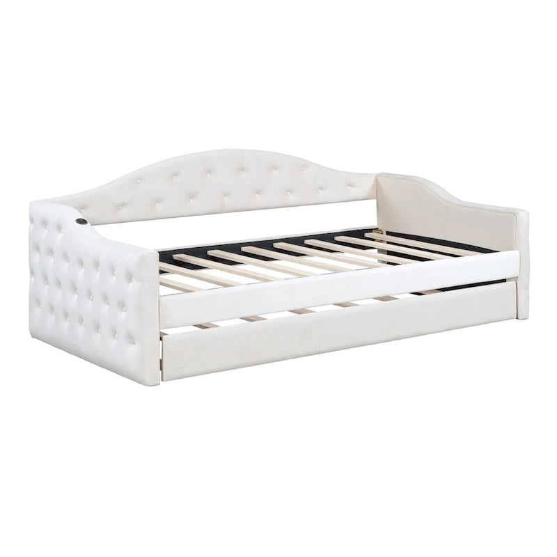 Beige Velvet Tufted Daybed with Trundle - Twin Size