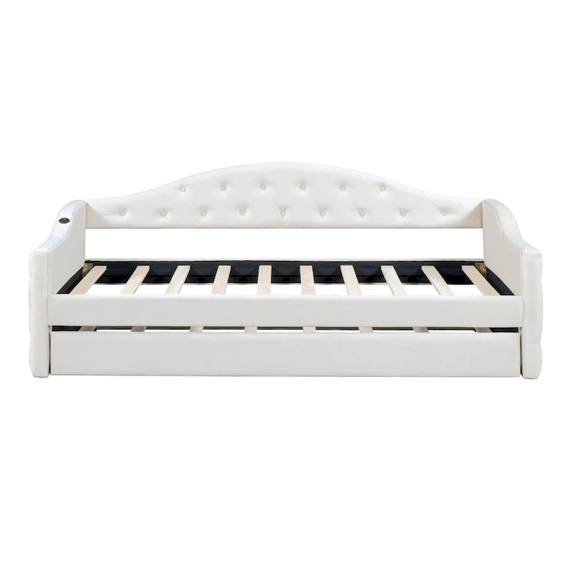 Beige Velvet Tufted Daybed with Trundle - Twin Size