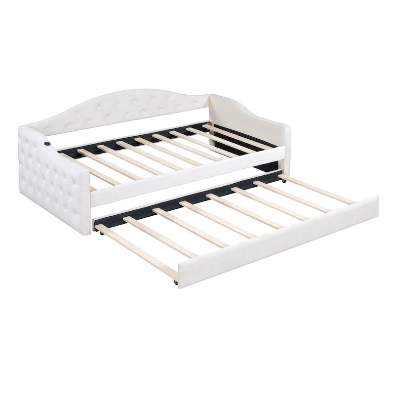Beige Velvet Tufted Daybed with Trundle - Twin Size