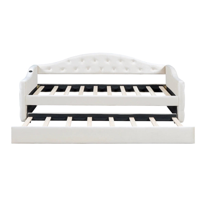 Beige Velvet Tufted Daybed with Trundle - Twin Size