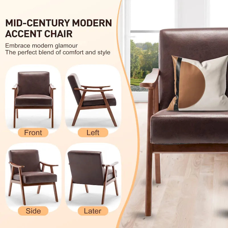 Dark Brown Mid-Century Accent Chair - Single Seat