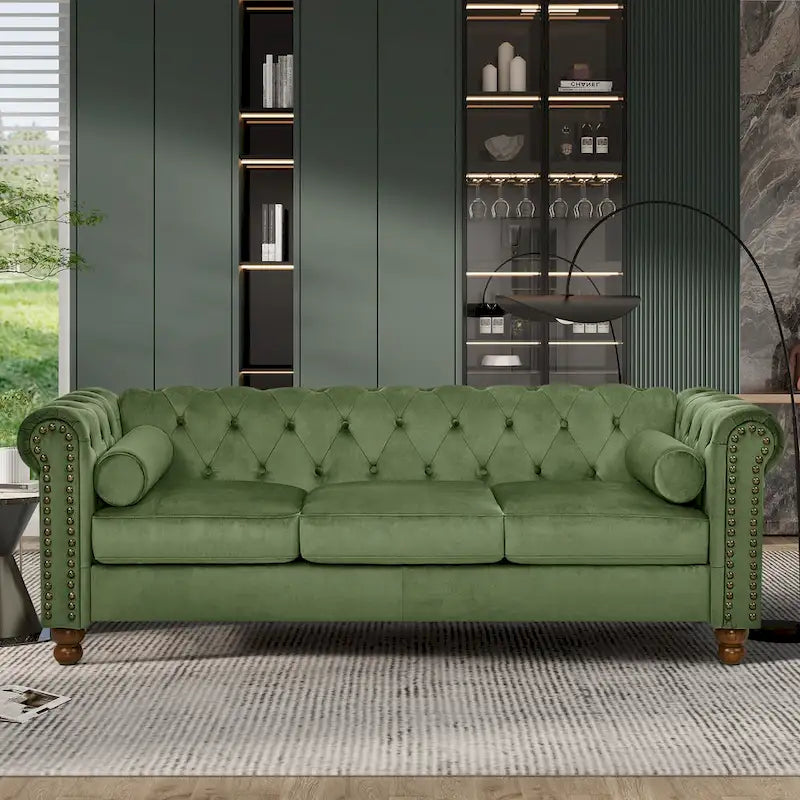 Green 74.5  Velvet Chesterfield Sofa with Button Tufting, Scrolled Arms, Turned Legs, and Elegant Design