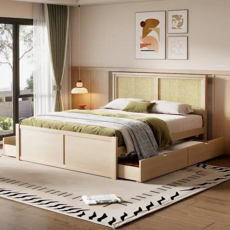 Natural Wood Platform Bed with Rattan Headboard & 4 Storage Drawers