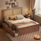 Wood Storage Platform Bed with 4 Drawers & Rattan Headboard