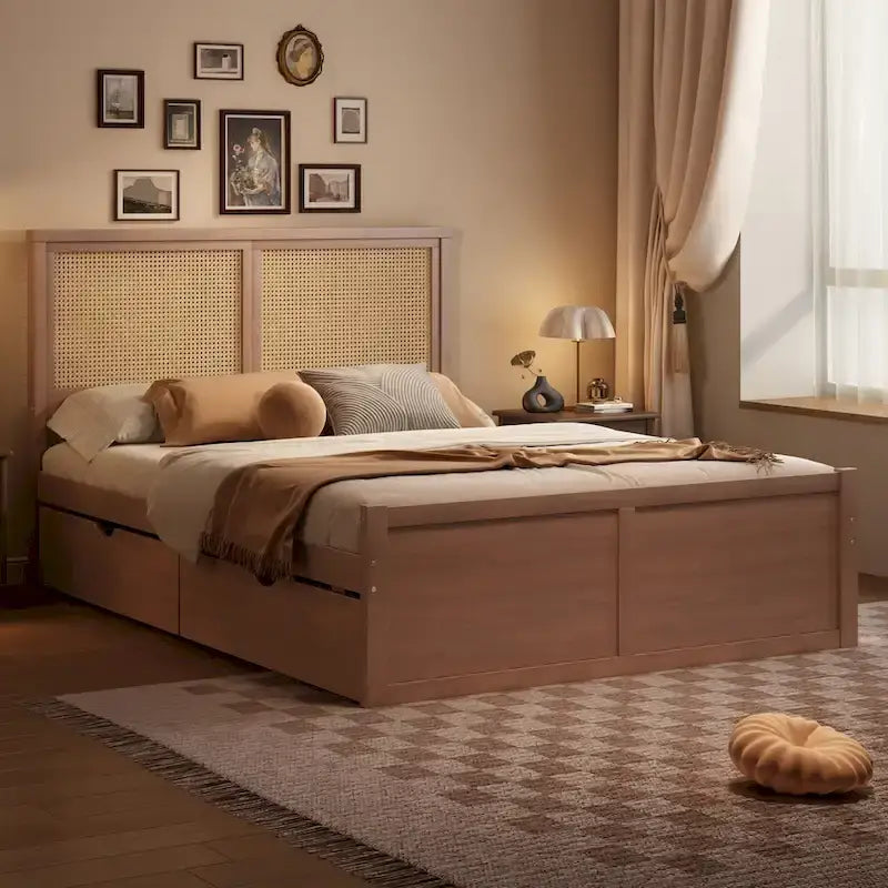Natural Wood Platform Bed with Rattan Headboard & 4 Storage Drawers