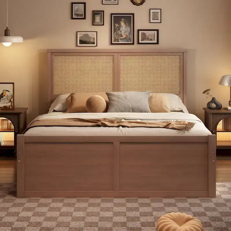Natural Wood Platform Bed with Rattan Headboard & 4 Storage Drawers