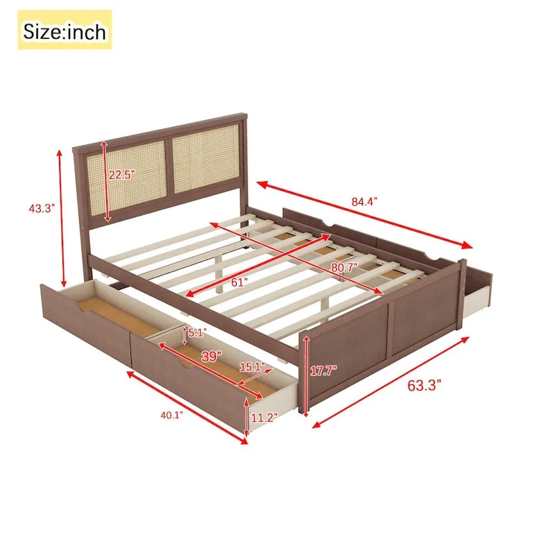 Natural Wood Platform Bed with Rattan Headboard & 4 Storage Drawers