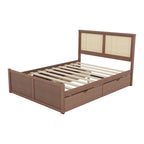 Natural Wood Platform Bed with Rattan Headboard & 4 Storage Drawers