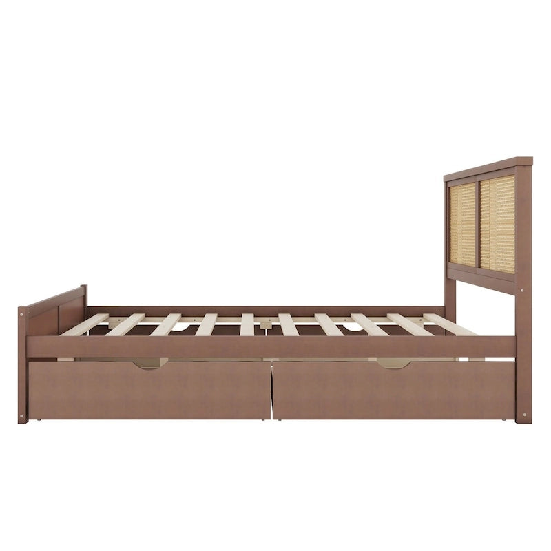 Natural Wood Platform Bed with Rattan Headboard & 4 Storage Drawers
