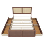 Natural Wood Platform Bed with Rattan Headboard & 4 Storage Drawers