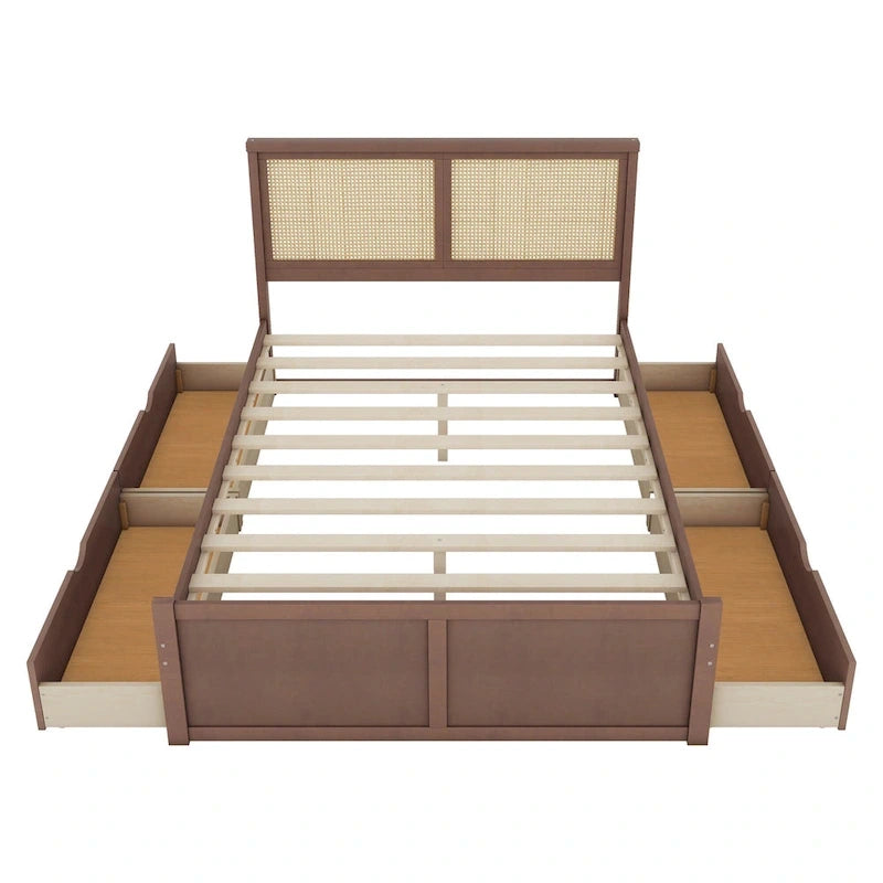 Natural Wood Platform Bed with Rattan Headboard & 4 Storage Drawers