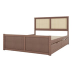 Natural Wood Platform Bed with Rattan Headboard & 4 Storage Drawers