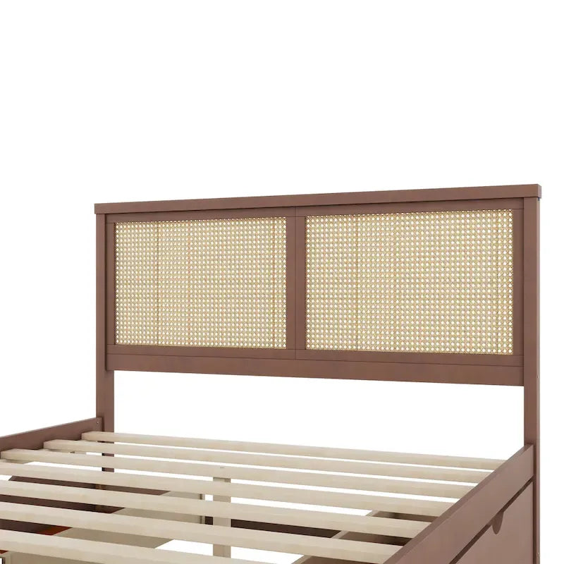 Natural Wood Platform Bed with Rattan Headboard & 4 Storage Drawers
