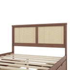 Natural Wood Platform Bed with Rattan Headboard & 4 Storage Drawers