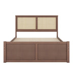 Natural Wood Platform Bed with Rattan Headboard & 4 Storage Drawers