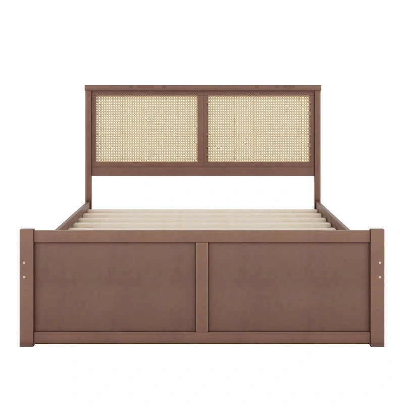 Natural Wood Platform Bed with Rattan Headboard & 4 Storage Drawers