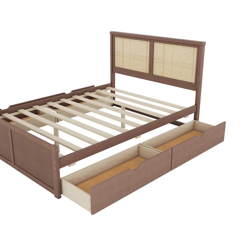 Natural Wood Platform Bed with Rattan Headboard & 4 Storage Drawers
