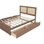 Natural Wood Platform Bed with Rattan Headboard & 4 Storage Drawers