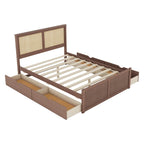 Natural Wood Platform Bed with Rattan Headboard & 4 Storage Drawers
