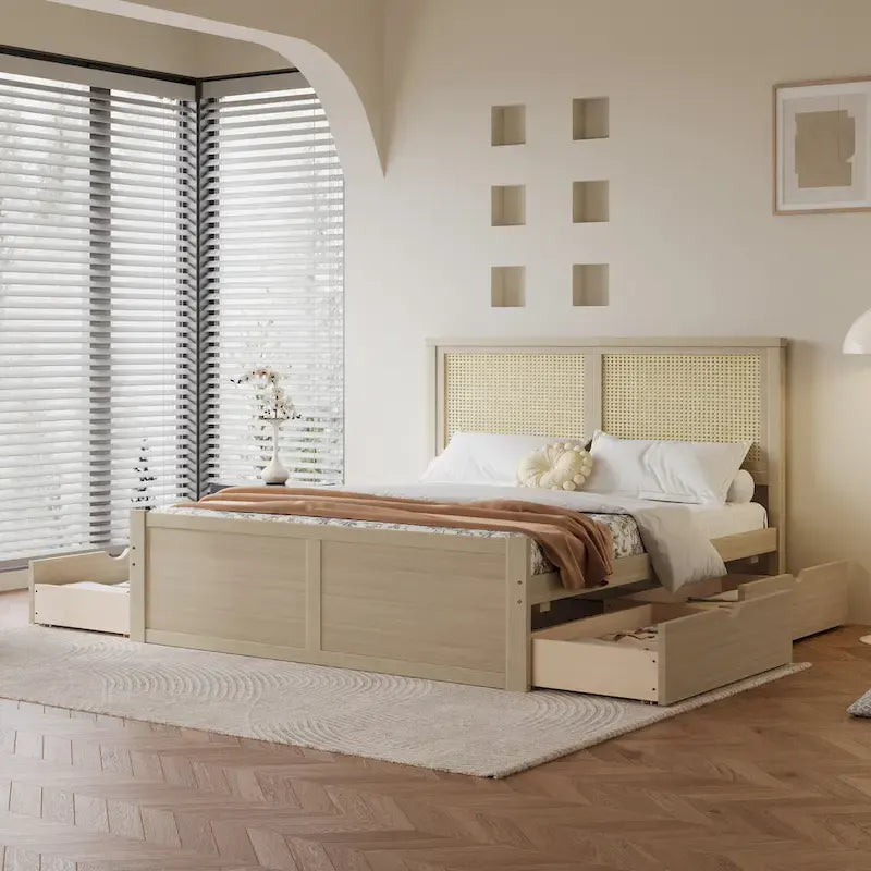 Natural Wood Platform Bed with Rattan Headboard & 4 Storage Drawers