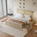 Natural Wood Platform Bed with Rattan Headboard & 4 Storage Drawers