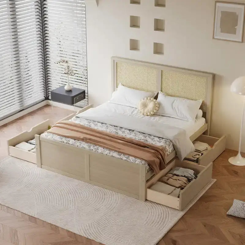 Natural Wood Platform Bed with Rattan Headboard & 4 Storage Drawers