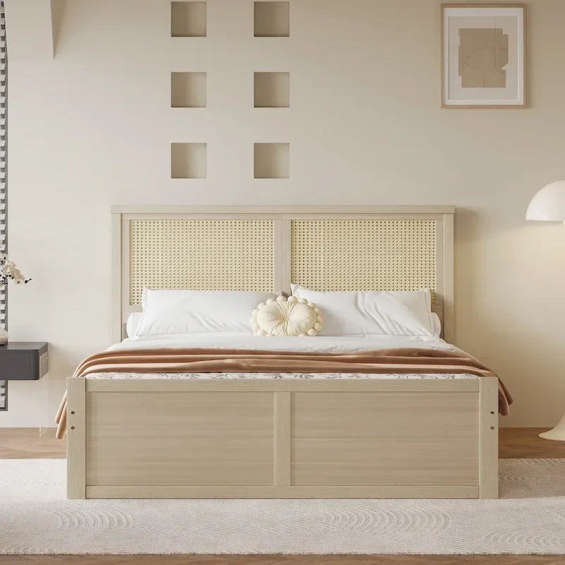 Natural Wood Platform Bed with Rattan Headboard & 4 Storage Drawers
