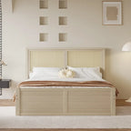 Natural Wood Platform Bed with Rattan Headboard & 4 Storage Drawers