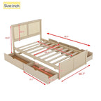 Natural Wood Platform Bed with Rattan Headboard & 4 Storage Drawers
