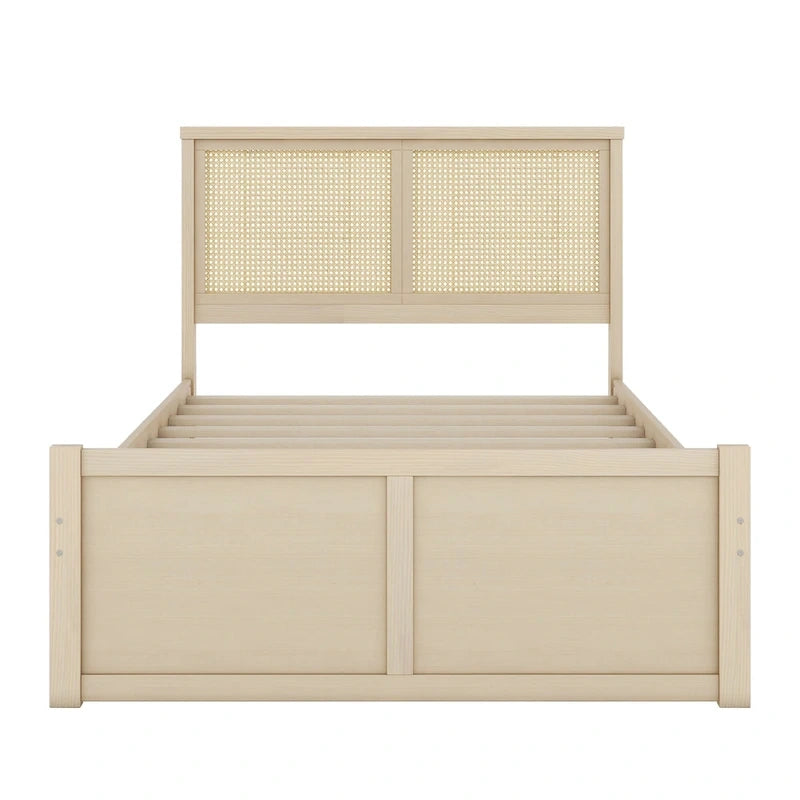 Natural Wood Platform Bed with Rattan Headboard & 4 Storage Drawers