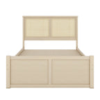 Natural Wood Platform Bed with Rattan Headboard & 4 Storage Drawers
