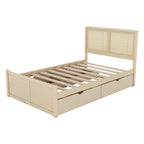 Natural Wood Platform Bed with Rattan Headboard & 4 Storage Drawers