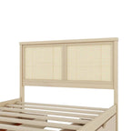 Natural Wood Platform Bed with Rattan Headboard & 4 Storage Drawers