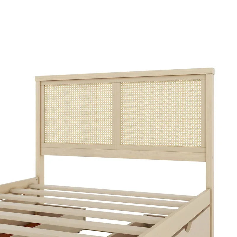Natural Wood Platform Bed with Rattan Headboard & 4 Storage Drawers