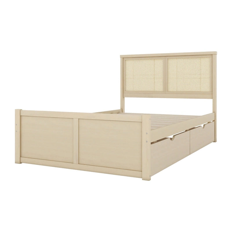Natural Wood Platform Bed with Rattan Headboard & 4 Storage Drawers