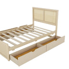 Natural Wood Platform Bed with Rattan Headboard & 4 Storage Drawers