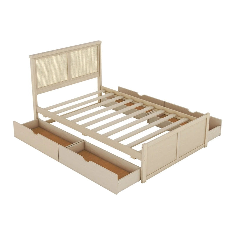 Natural Wood Platform Bed with Rattan Headboard & 4 Storage Drawers