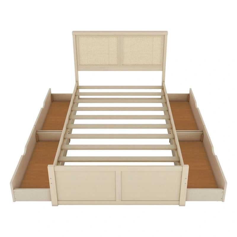 Natural Wood Platform Bed with Rattan Headboard & 4 Storage Drawers