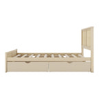 Natural Wood Platform Bed with Rattan Headboard & 4 Storage Drawers