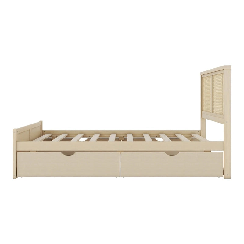 Natural Wood Platform Bed with Rattan Headboard & 4 Storage Drawers