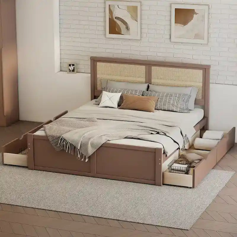 Natural Wood Platform Bed with Rattan Headboard & 4 Storage Drawers