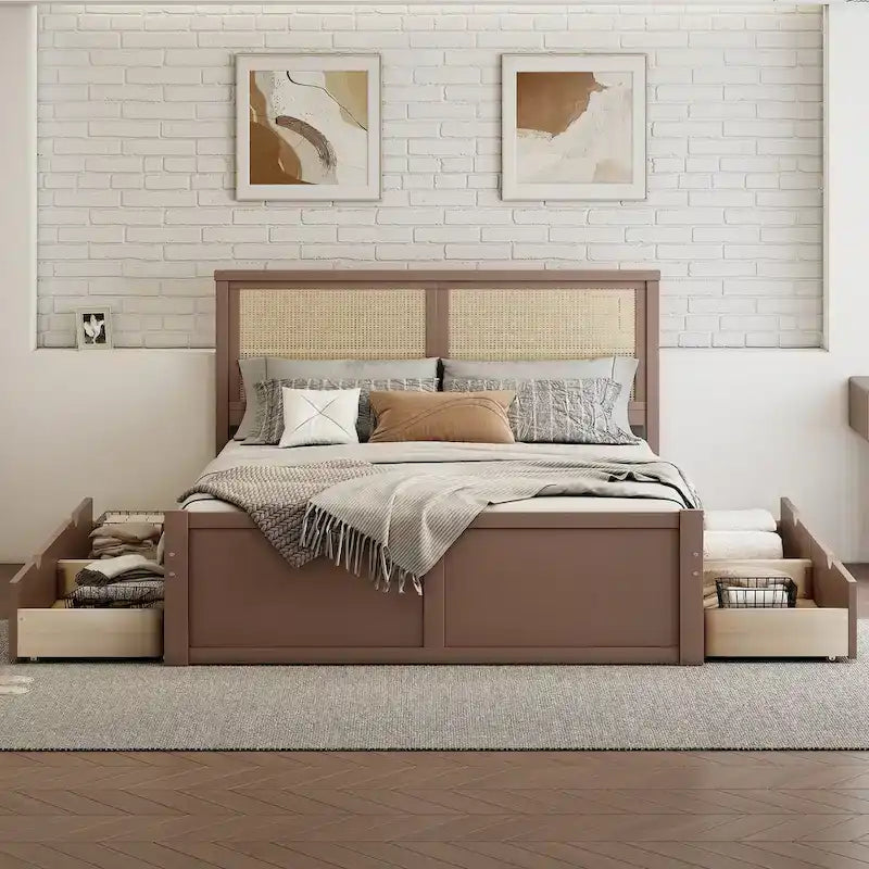 Natural Wood Platform Bed with Rattan Headboard & 4 Storage Drawers